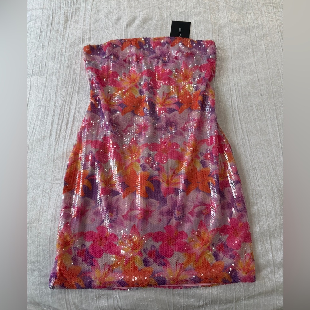 Strapless Sequin Floral Mini Dress - Pink Multi